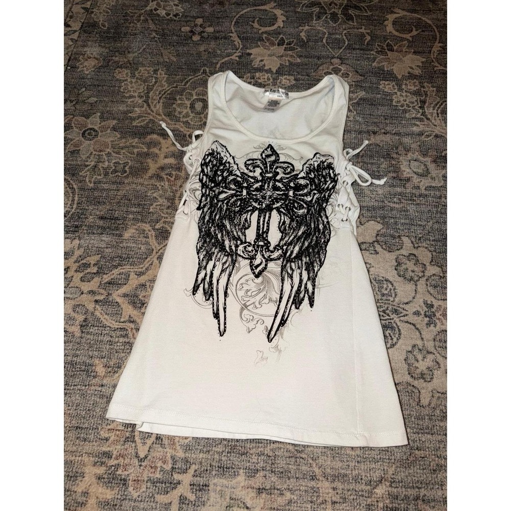 Angel Wings Cross Rhinestone Studded Zip Front Tank Top Y2K Grunge Style